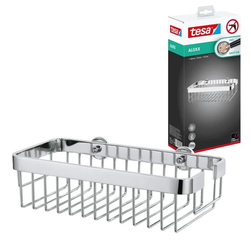 tesa Aluxx No Drill Wall Mounted Bathroom Shower Caddy, Chrome-Plated Aluminium Shower Basket, Removable Glue Adhesive.