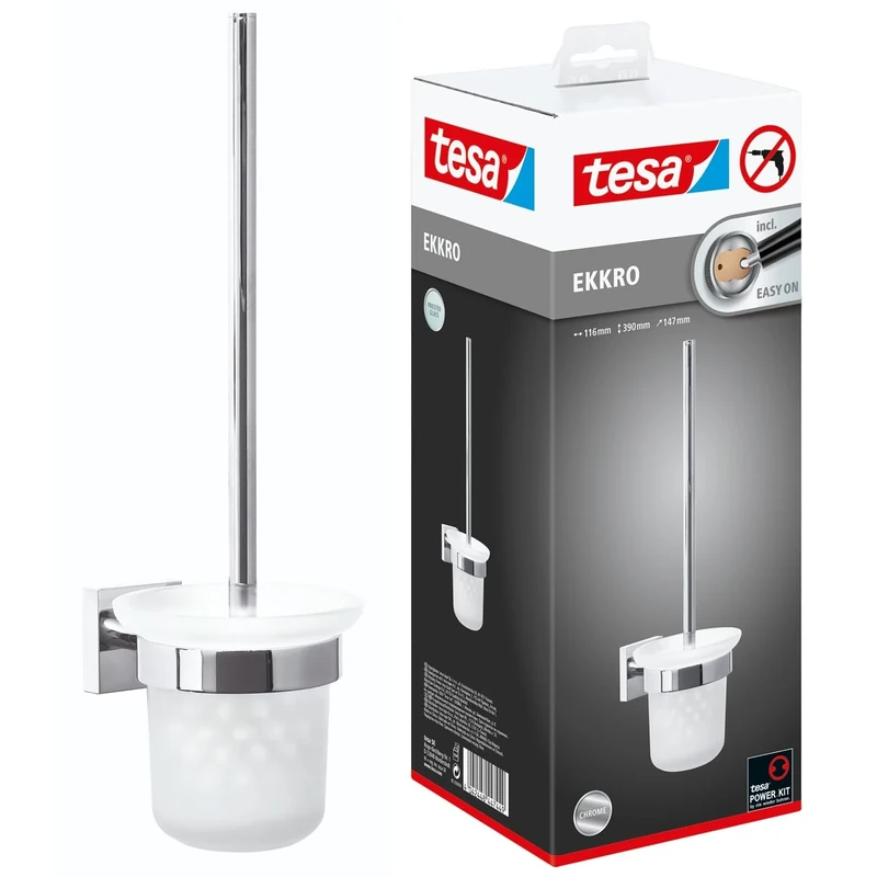 tesa Ekkro toilet brush, high gloss chromed metal, self-adhesive wall mounting technology, 390mm x 116mm x 147mm