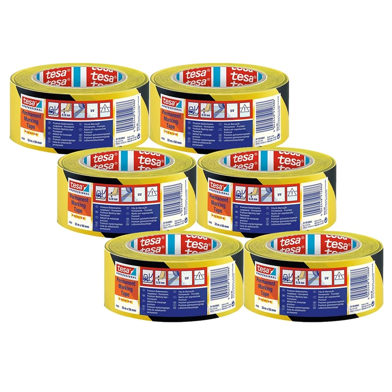 tesa 4169 Floor Marking - Pack of 6 - PVC Floor Marking Tape for Labelling, for Indoor and Outdoor Use - Marking Tape for Sensitive and Rough Floor Surfaces - 33 m x 5 cm Each - Yellow