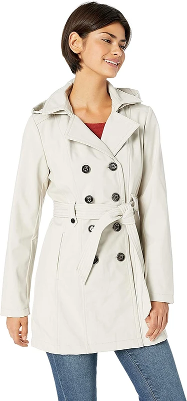 Sebby Women's Soft Shell Trench Coat Water Resistant with a Detchable Hood Trenchcoat, Stone, XL