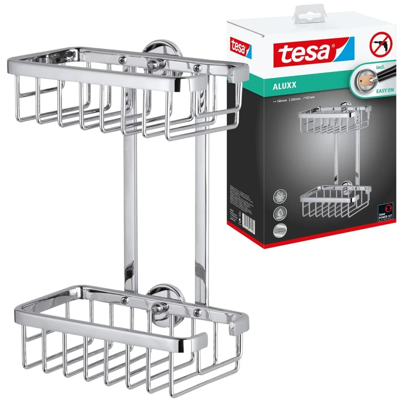 tesa Aluxx Shower Rack, high Gloss Chromed Aluminum, self-Adhesive, Adhesive mounting Technology, 260mm x 180mm x 107mm