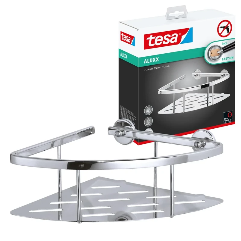 tesa Aluxx Corner Shower Caddy, high Gloss Chromed Aluminum, self-Adhesive, Adhesive mounting Technology, 92mm x 250mm x 125mm