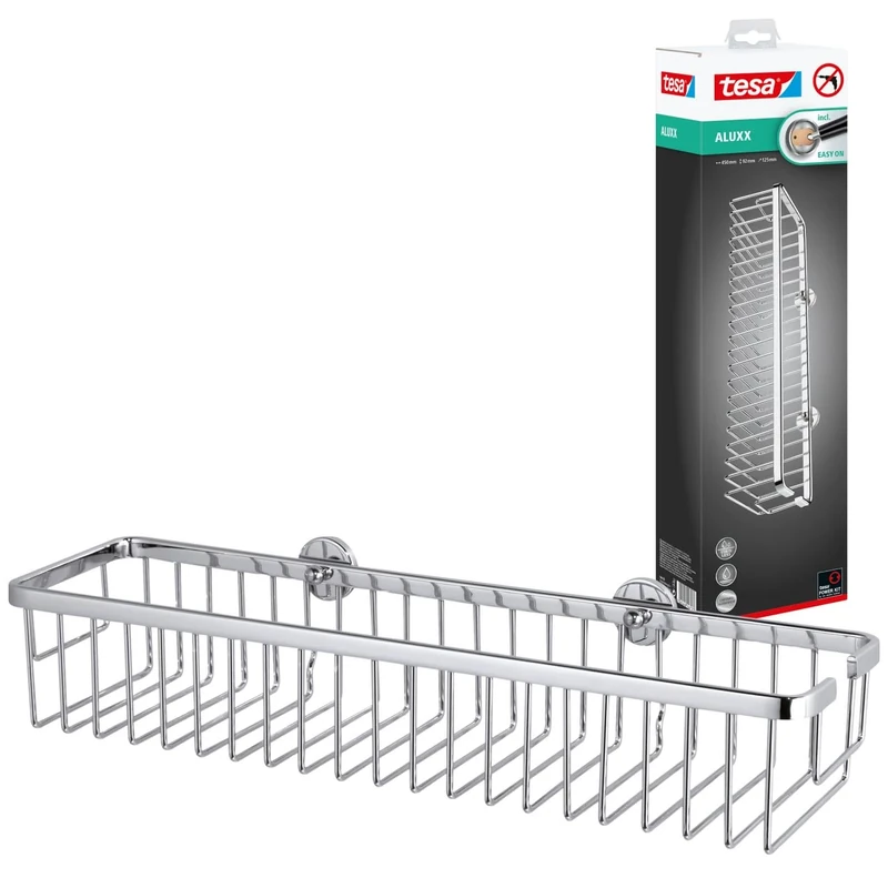 tesa Aluxx Wide Shower Storage Basket, high Gloss Chromed Aluminum, self-Adhesive, Adhesive mounting Technology, 92mm x 450mm x 125mm