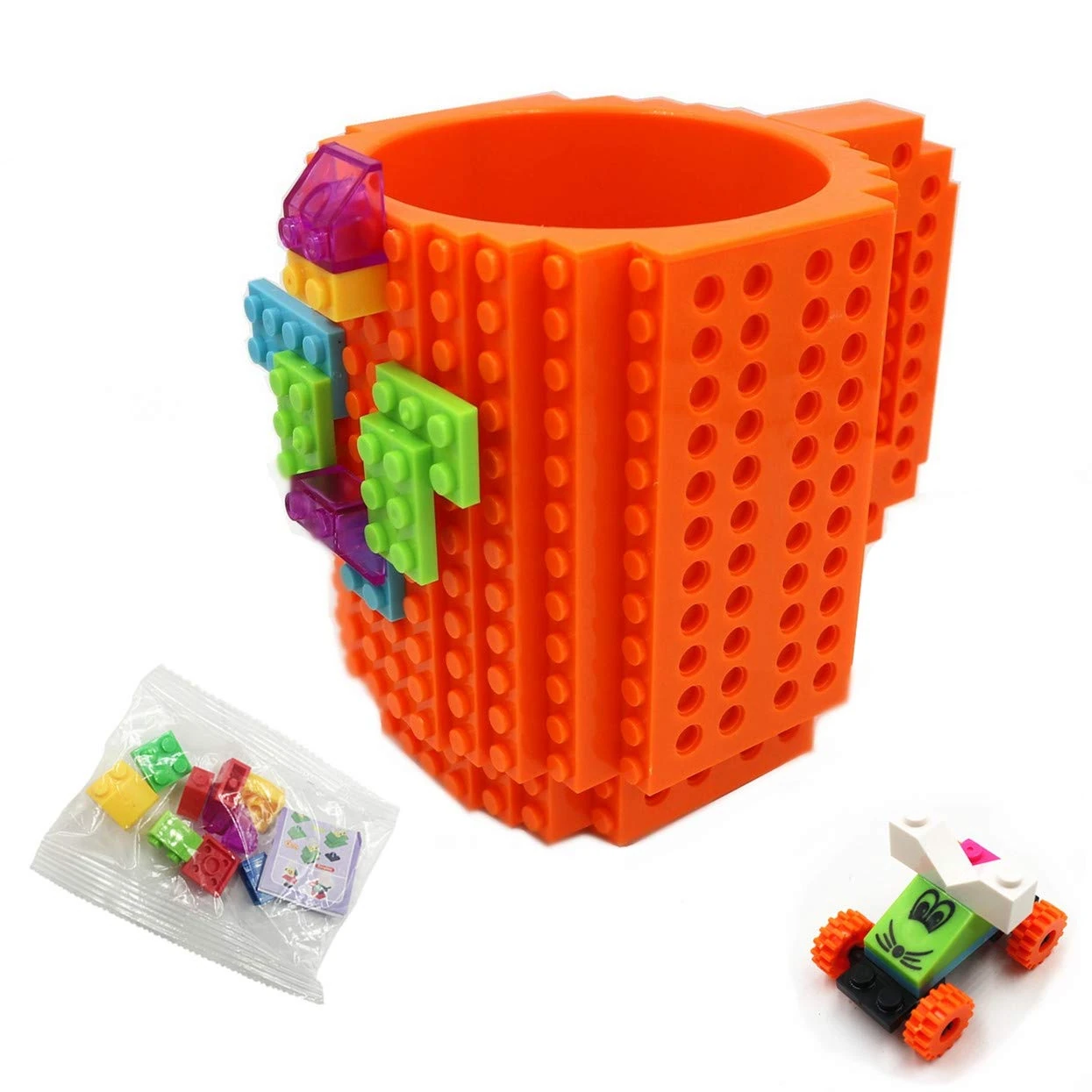 Lumsburry Build-on Brick Coffee Mug, Funny DIY Novelty Cup with Building Blocks Creative Gift for Kids Men Women Xmas Birthday (Orange)