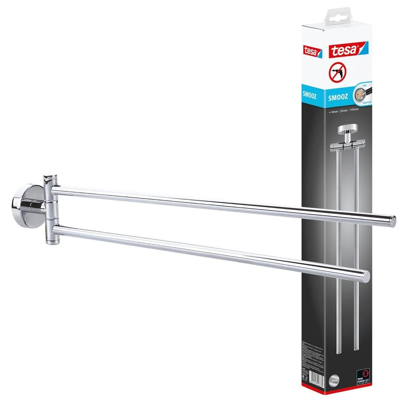tesa® Smooz Two-Armed Towel Holder, high Gloss Chromed Metal, self-Adhesive, Adhesive mounting Technology, 82mm x 50mm x 455mm