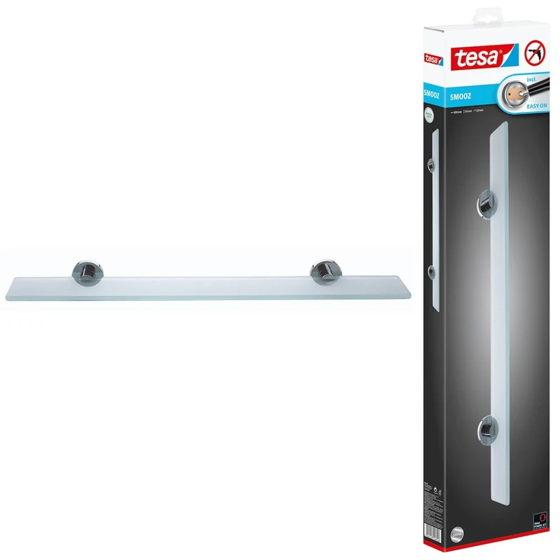 tesa® Smooz Glass Shelf, high Gloss Chromed Metal, self-Adhesive, Adhesive mounting Technology, 50mm x 600mm x 120mm