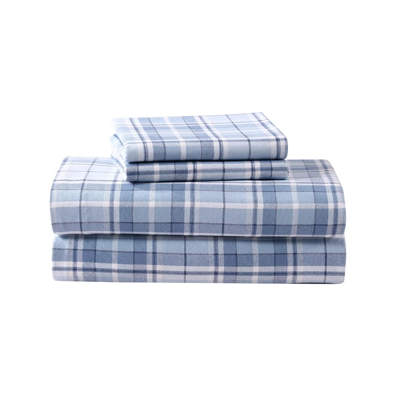 Laura Ashley Home - Queen Sheets, Cotton Flannel Bedding Set, Brushed for Extra Softness & Comfort (Mulholland Plaid Blue, Queen)