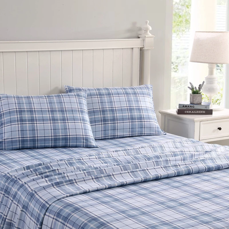 Laura Ashley Cotton Flannel Bedding Set, Mulholland Plaid Blue, Full