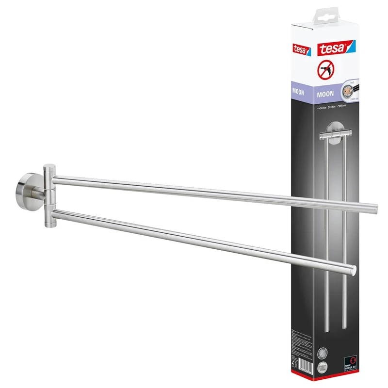 tesa MOON Swing Arm Towel Bar - No Drill Two-Armed Towel Rail Chromed Metal and Stainless for the Bathroom with Swivelling Arms - Includes Removable Glue Solution