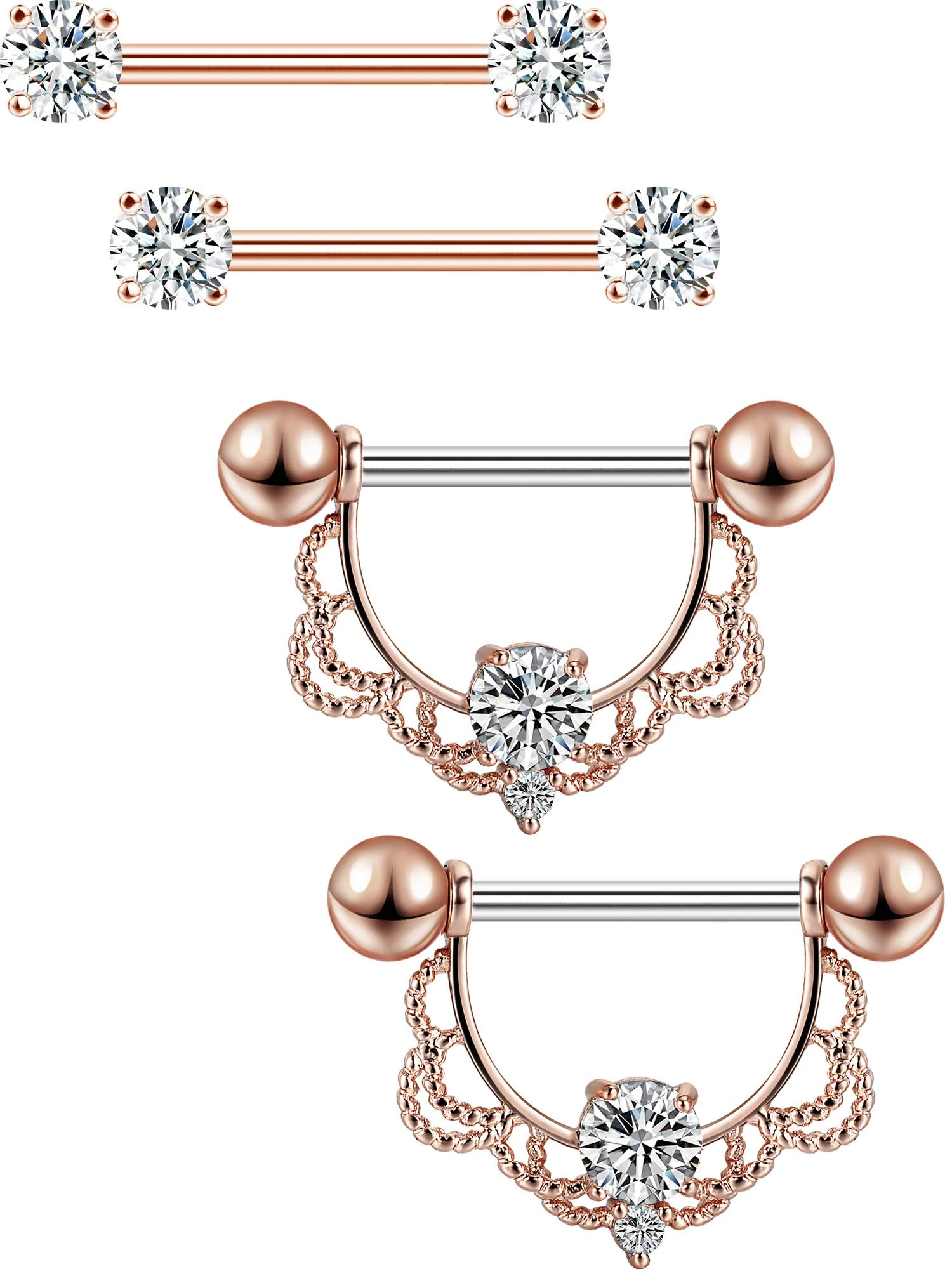 2 Pairs Stainless Steel Nipple Ring CZ Barbell Nipple Rhinestone Rings Nipple Tongue Piercing Jewellery (Pink Gold Bar)