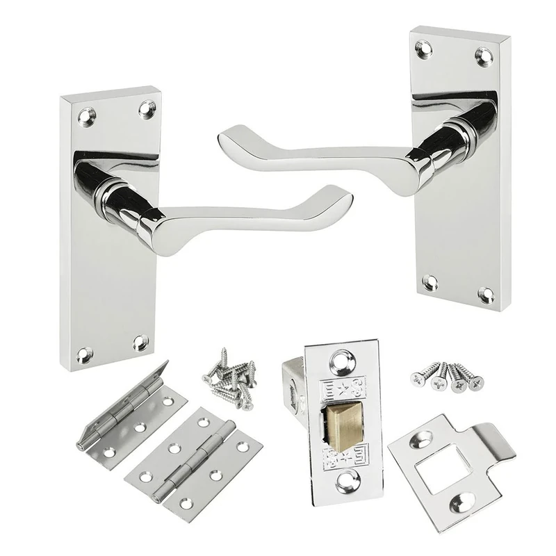 HANDLESTORE Victorian Scroll Door Handle Pack – Polished Chrome Finish, Pair of Handles with 2.5" Tubular Latch & 3" Hinges