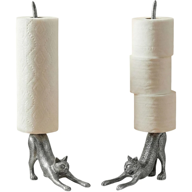 Yoga Cat Decorative Paper Towel Holder or Toilet Paper Holder by Comfify - Adorable Downward Dog Pose Kitty- Cast Iron Paper Towel Stand - Antiqued Cast Iron White Color - 19" - Silver with Black