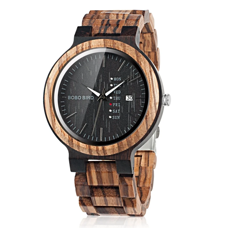 BOBO BIRD Mens Wooden Watch Analog Quartz with Week Display Lightweight Handmade Wood Wrist Watch for Men (Black Dial) …