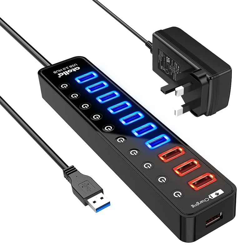 Atolla USB Hub Powered, 11-Port USB 3.0 Extension Splitter（7 USB 3.0 Data Ports+4 Smart Charging Ports）with Individual On/Off Switches and 12V/4A Power Adapter for High Power devices.
