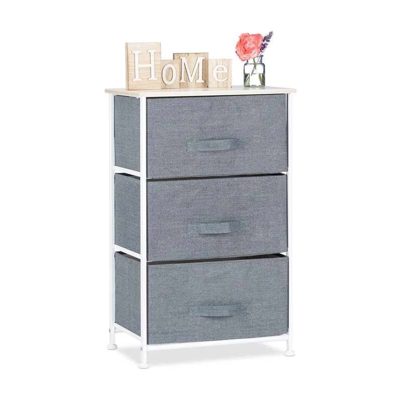 Relaxdays Shelving System, Chest of Drawers, Standing Shelf with Boxes, HxWxD: 73 x 45 x 30 cm, Metal and Wood, Grey