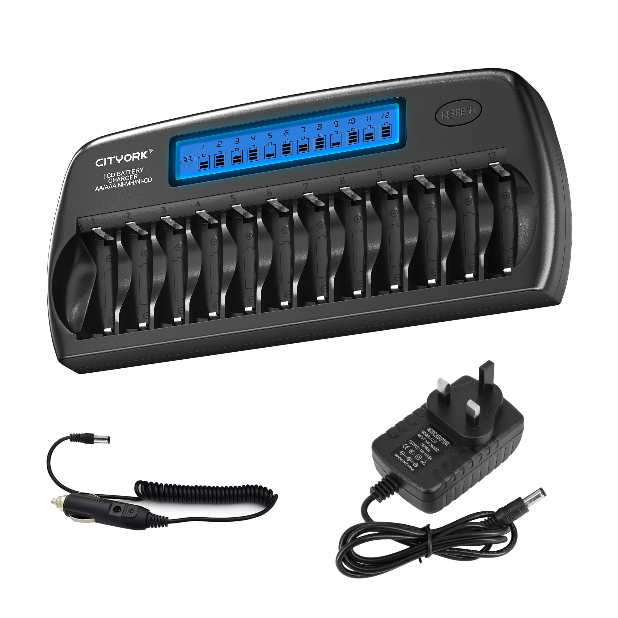 CITYORK 12 Bays Smart Battery Charger, AA, AAA, Ni-MH, Ni-CD Rechargeable Batteries Charger with Intelligent LCD Display, Build-in IC Protection