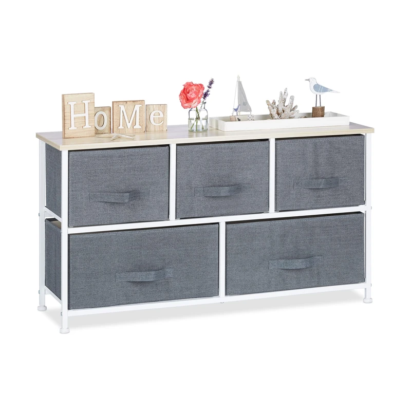 Relaxdays Shelving System, Chest of Drawers, Standing Shelf with Boxes, HxWxD: 54.5 x 100 x 30 cm, Metal and Wood, Grey