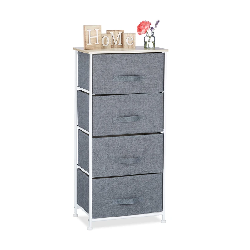 Relaxdays Shelving System, Chest of Drawers, Standing Shelf with Boxes, HxWxD: 95 x 45 x 30 cm, Metal and Wood, Grey