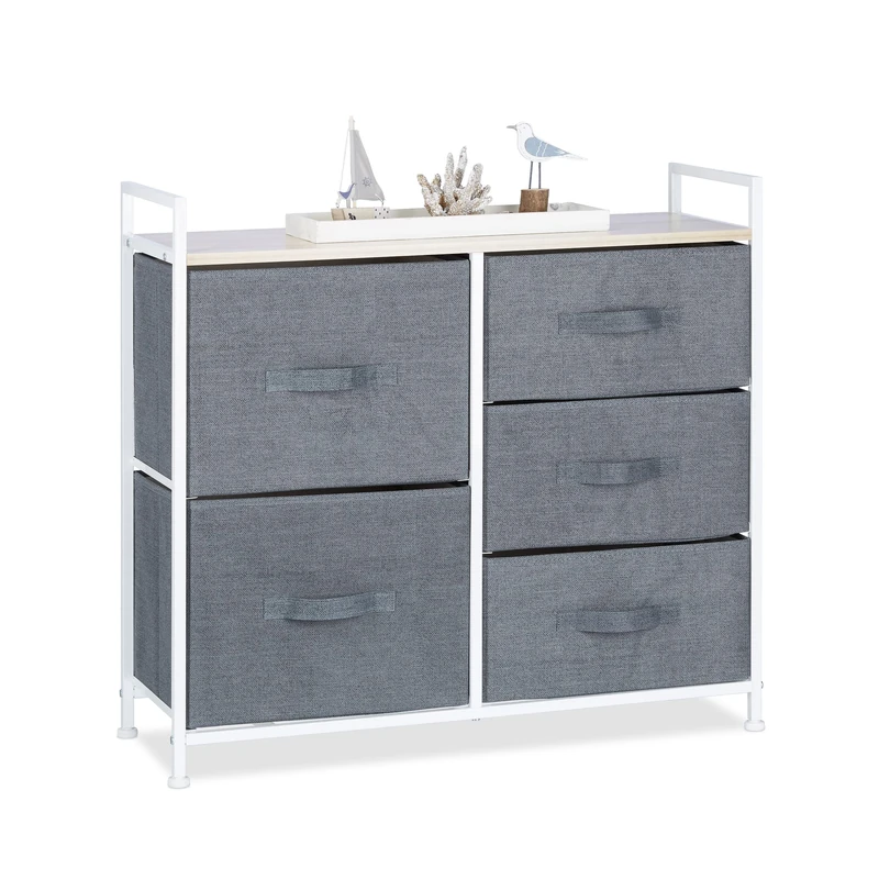 Relaxdays Shelving System, Chest of Drawers, Standing Shelf with Boxes, HxWxD: 77.5 x 83 x 29 cm, Metal and Wood, Grey