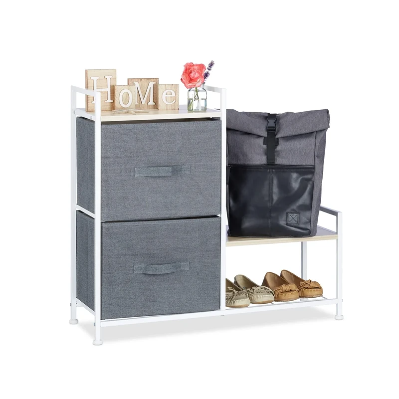 Relaxdays Shelving System, Chest of Drawers, Standing Shelf with Boxes, HxWxD: 76 x 84 x 29 cm, Metal and Wood, Grey