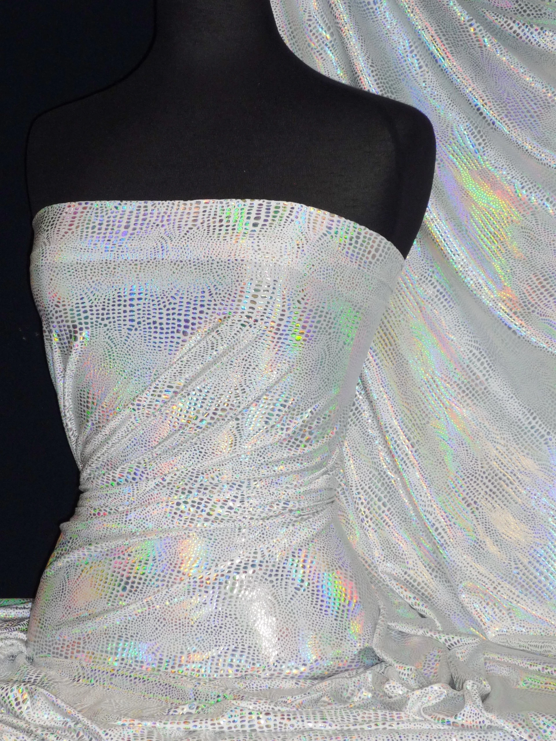 Hologram Rainbow Foil Iridescent Stretch Spandex Lycra Fabric | Dancewear & Dressmaking Material | Same Day Dispatch | Sold by The Metre | by Tia Knight (Anaconda White, HMLYC63 WHTSLV, 1 Metre)
