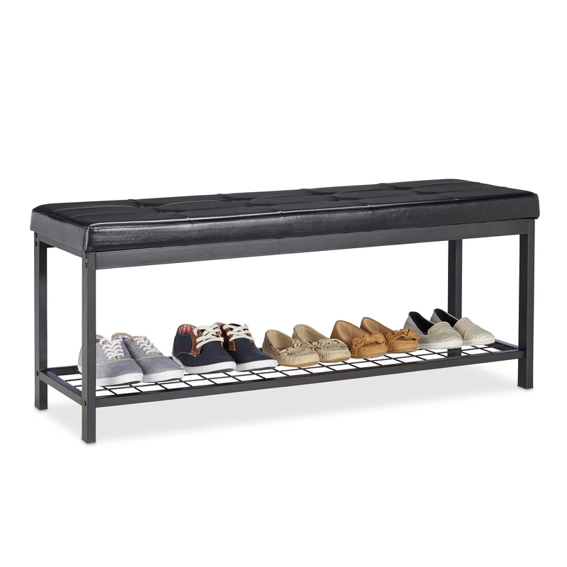 Relaxdays XXL Shoe Bench, Faux Leather Seat, Backless, Grid Rack for Shoes, Metal, HWD 49x115x40cm, Black