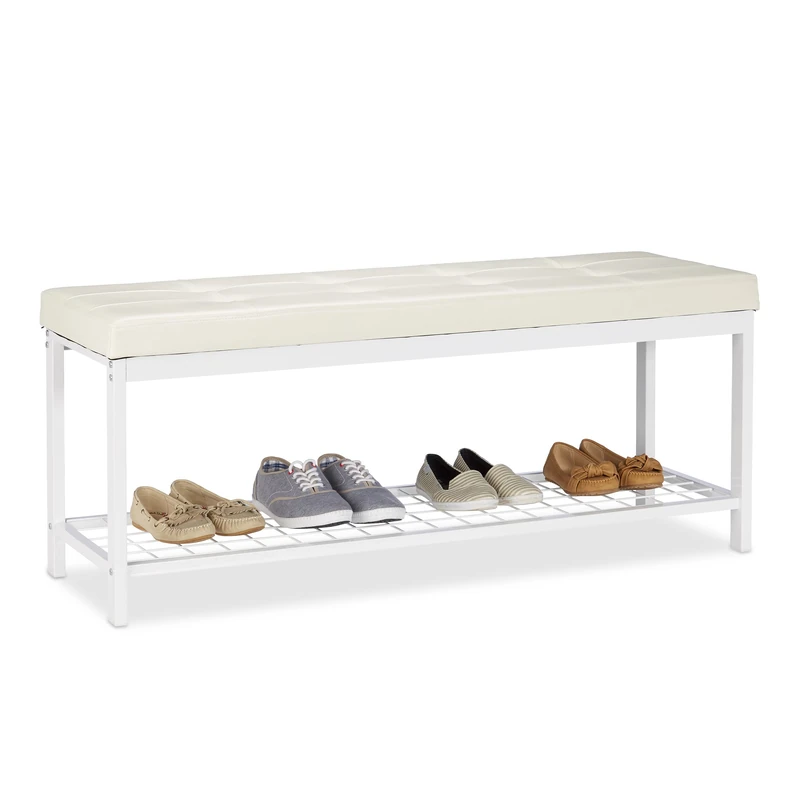 Relaxdays XXL Shoe Bench, Faux Leather Seat, Backless, Grid Rack for Shoes, Metal, HWD 49x115x40cm, White