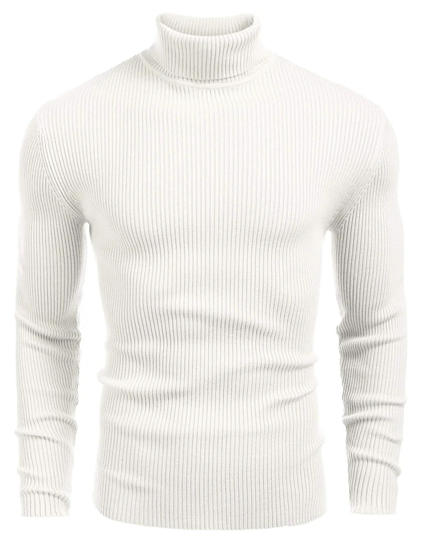 COOFANDY Mens Ribbed Slim Fit Knitted Pullover Casual Turtleneck Sweater, White, XL