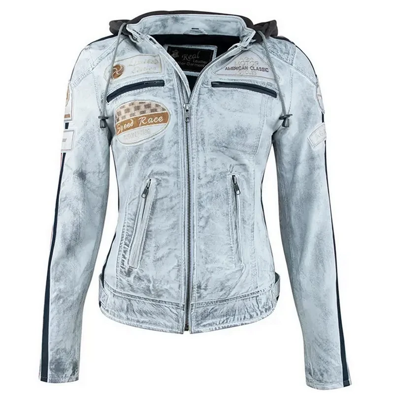 Urban Leather Women's Leather Motorcycle Jacket '58 LADIES' | Lambskin Biker Jacket | CE Approved Remouvable Armour for Back, Shoulders and Elbows, XL, vintage grey