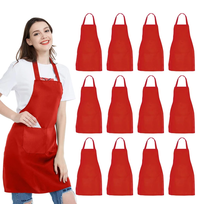 NOBONDO Cooking Apron, 12 Pack Unisex Red Aprons with 2 Roomy Pockets, Machine Washable for Kitchen, Crafts, BBQ, Drawing