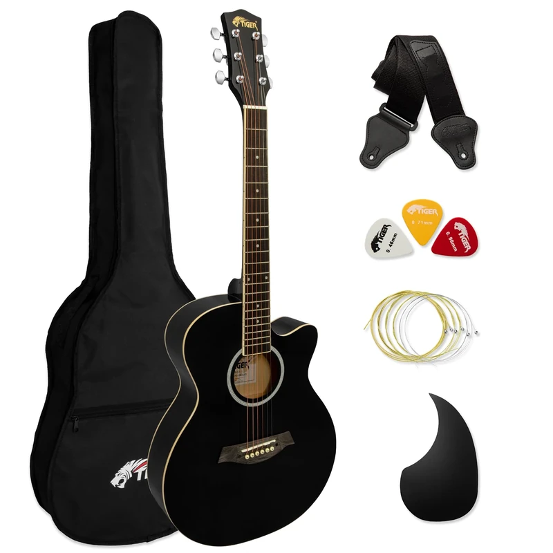 Tiger ACG1-BK Acoustic Guitar with Steel Strings - Small Body 4/4 - for Beginners aged 11+ - Bag, Strap, Spare Strings, Scratchplate and Pick Included - 6 Months free Lessons - Black