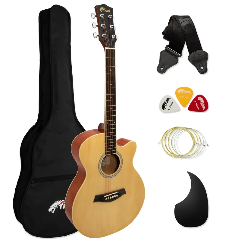 Tiger ACG1-NT Acoustic Guitar with Steel Strings - Small Body 4/4 - for Beginners aged 11+ - Bag, Strap, Spare Strings, Scratchplate and Pick Included – 6 Months free Lessons - Natural
