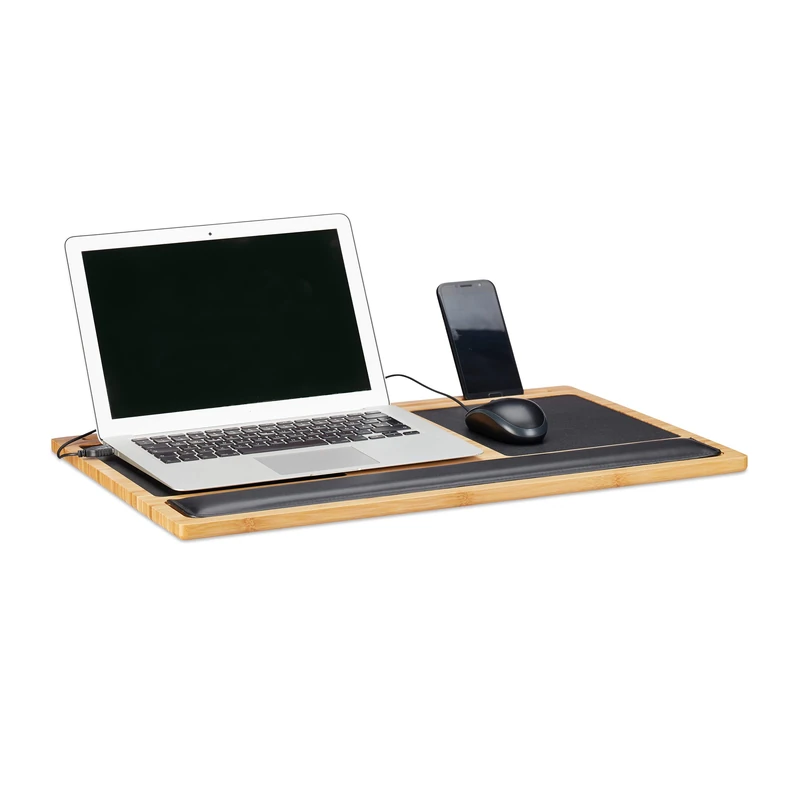 Relaxdays Laptop Tray, Lapdesk with 2 Mouse Pads, Smartphone Holder, WxD: 60 x 40 cm, Bamboo, Natural