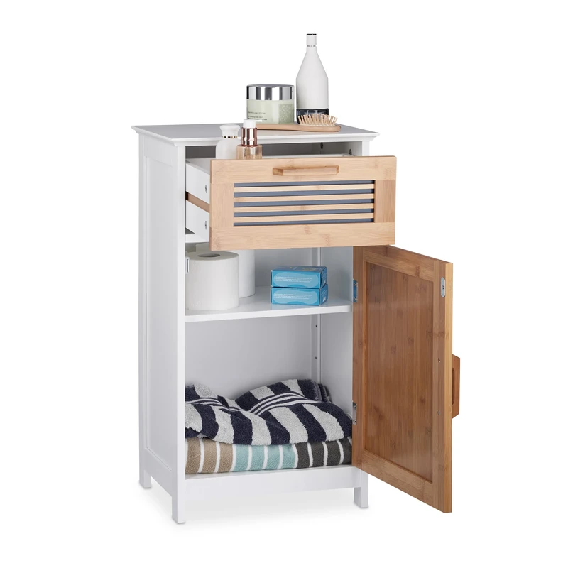 Relaxdays Narrow Bathroom Cabinet, Drawer, Natural Look, Height-Adjustable Shelf; MDF, HWD: 70x40x28.5cm, White