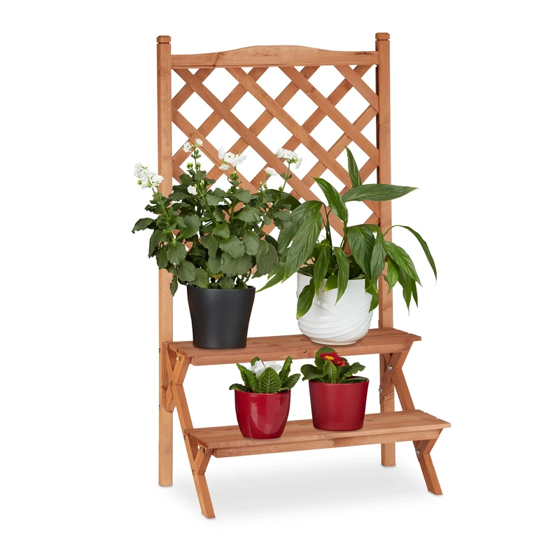 Relaxdays Flower Display Rack with Trellis, 2-Tiers For Flower Pots and other Plants, Fir Wood, HWD: 110x61x40, Natural