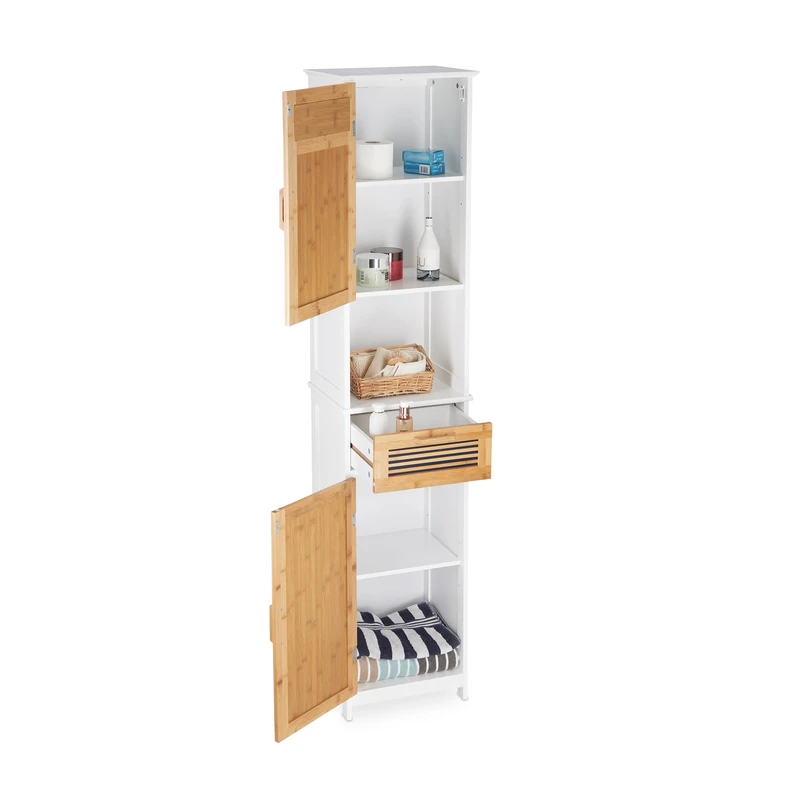 Relaxdays Bathroom Cabinet, 2 Doors, 1 Drawer, Tallboy, HxWxD: app. 180 x 39 x 30 cm, Wood and Bamboo, White-Brown
