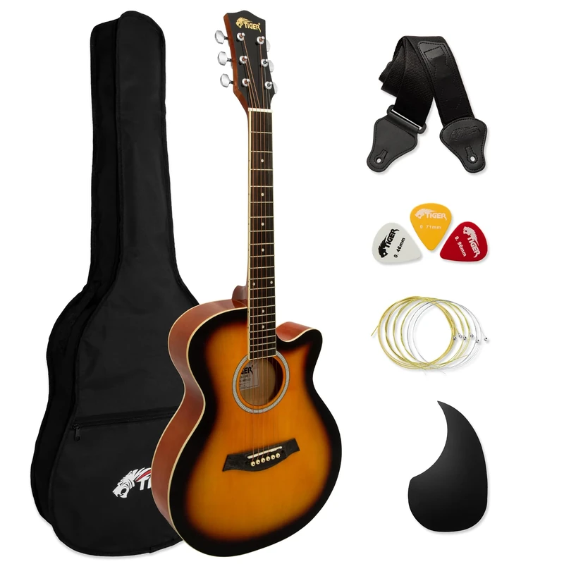 Tiger ACG1-SB Acoustic Guitar with Steel Strings - Small Body 4/4 - for Beginners aged 11+ - Bag, Strap, Spare Strings, Scratchplate and Pick Included – 6 Months free Lessons - Sunburst