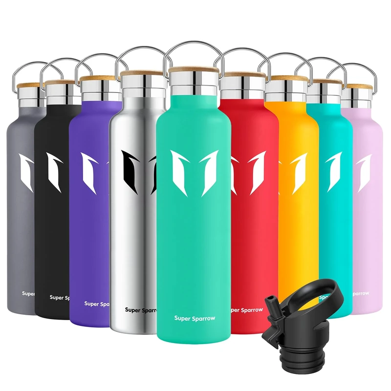 Super Sparrow Water Bottle Stainless Steel - 1000ml - Insulated Metal Water Bottles - Standard Mouth Flask - BPA Free - Straw Bottle for Work, Gym, Sports - 2 Lids