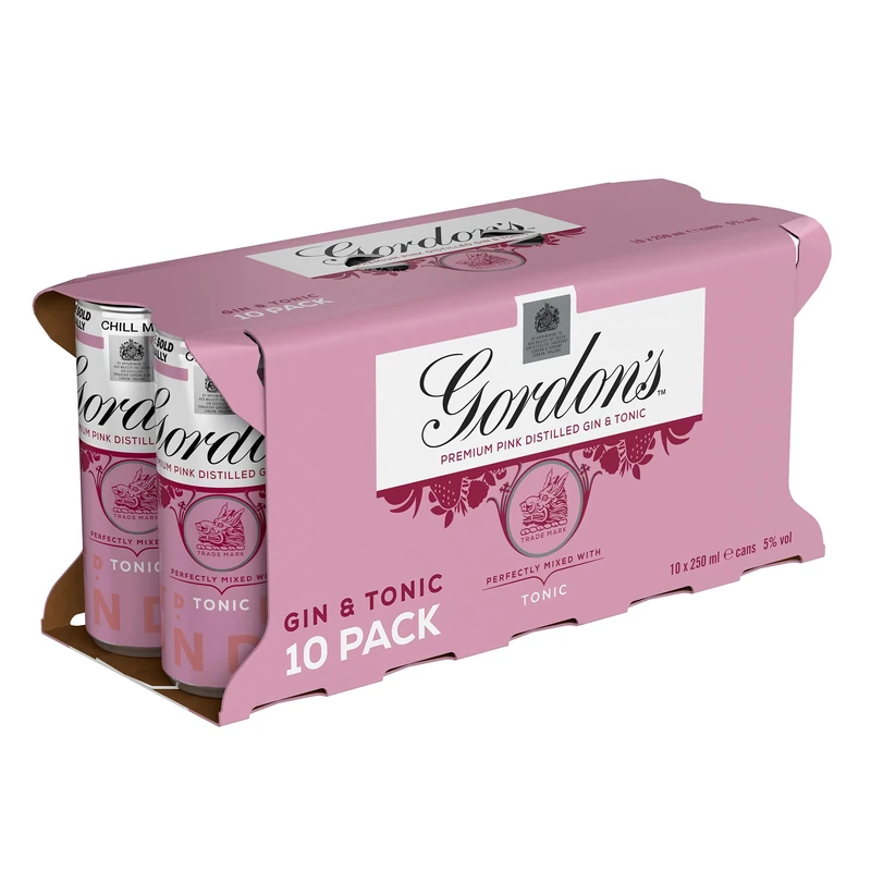 Gordon's Premium Pink Distilled Gin & Tonic | 5% vol | 10 x 250ml Can | Ready to Drink Pink Gin & Tonic Cans | Flavours of Raspberry | Strawberry & Redcurrant