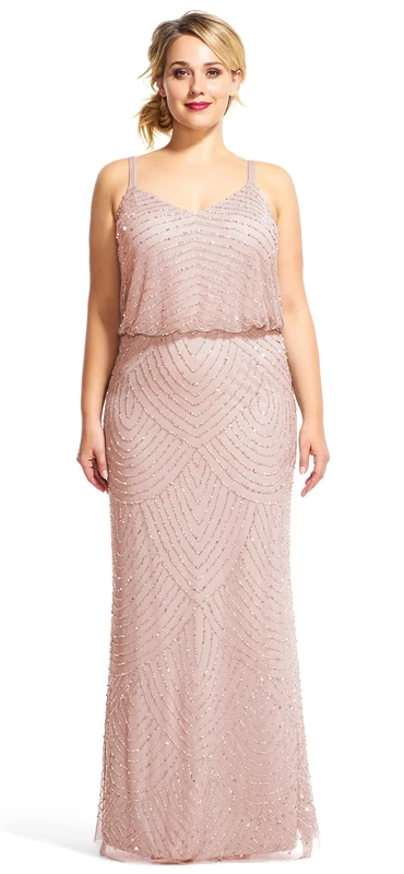 Adrianna Papell womens091866700Adrianna Papell Women's Long Beaded Blouson Gown Sleeveless Dress - Pink - 14
