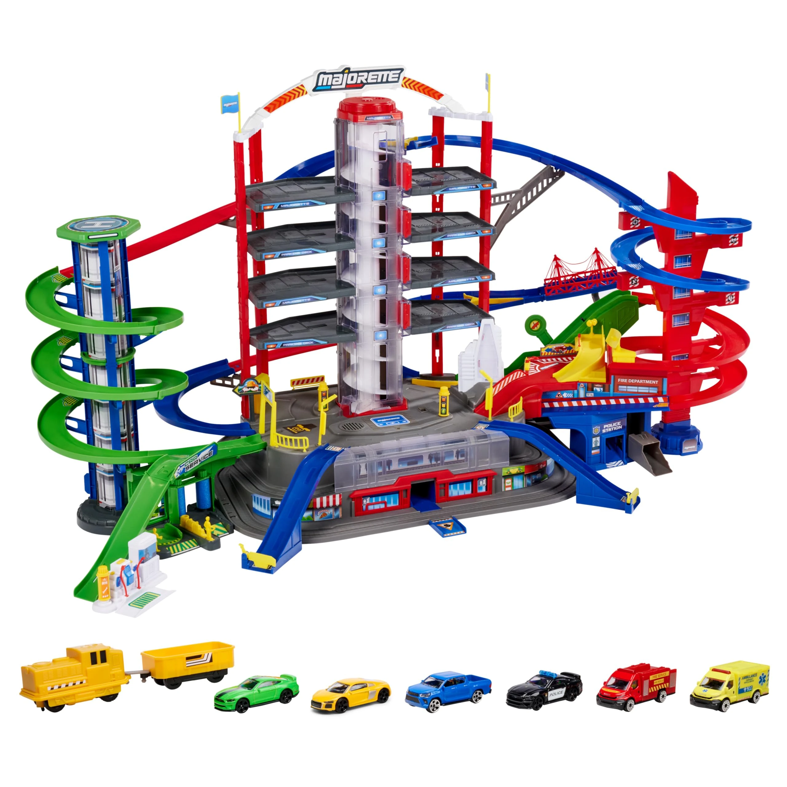 Majorette Super City Garage, Motorised Train for Model Cars with Parking Lots and Railway, Parking Garage for Die-Cast Cars, Toy as a Gift for Boys and Girls, from 5 Years, Multicoloured