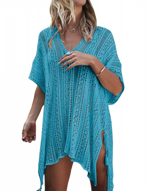 Beskie Bathing Suit Cover Up Bikini Swimsuit Crochet Beachwear Swimwear Dress, Lake Blue, One Size