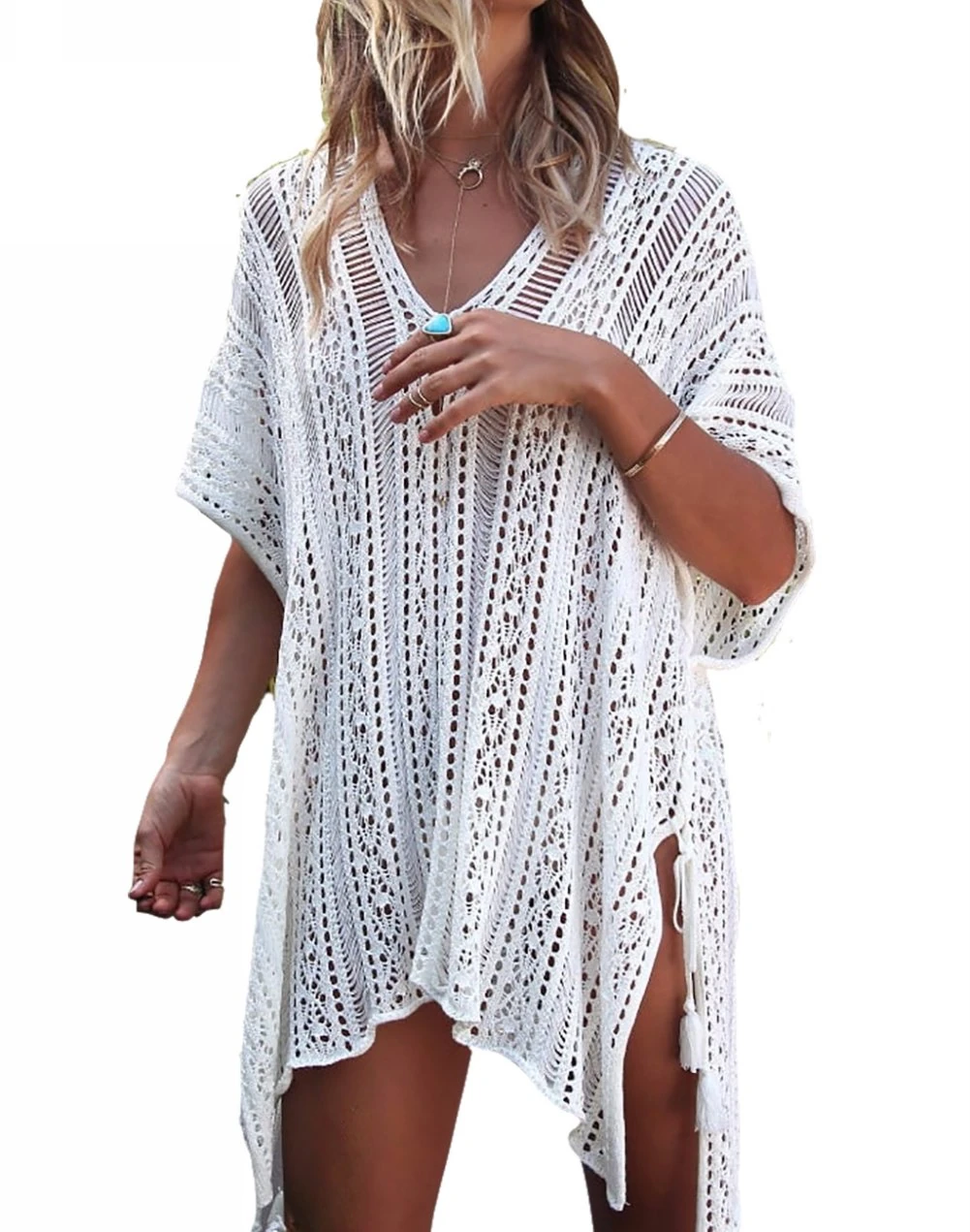 Beskie Bathing Suit Cover Up Bikini Swimsuit Crochet Beachwear Swimwear Dress, White, One Size