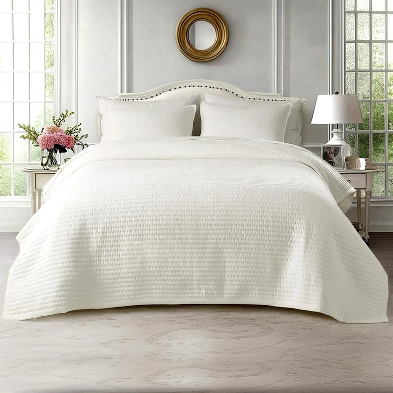 KASENTEX Quilt Mini Set-Stone Washed-Super Soft Bedspread-Light Weight-White Down Alternative Microfiber Fill-Machine Washable-Solid Colors, 2 King Shams, Ivory, King