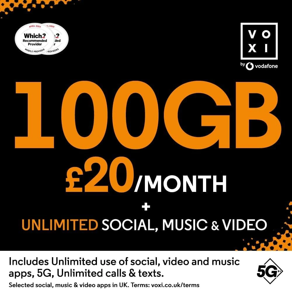 Vodafone VOXI SIM Card with Endless Social Media, Calls, Texts and Roaming, 15 GB