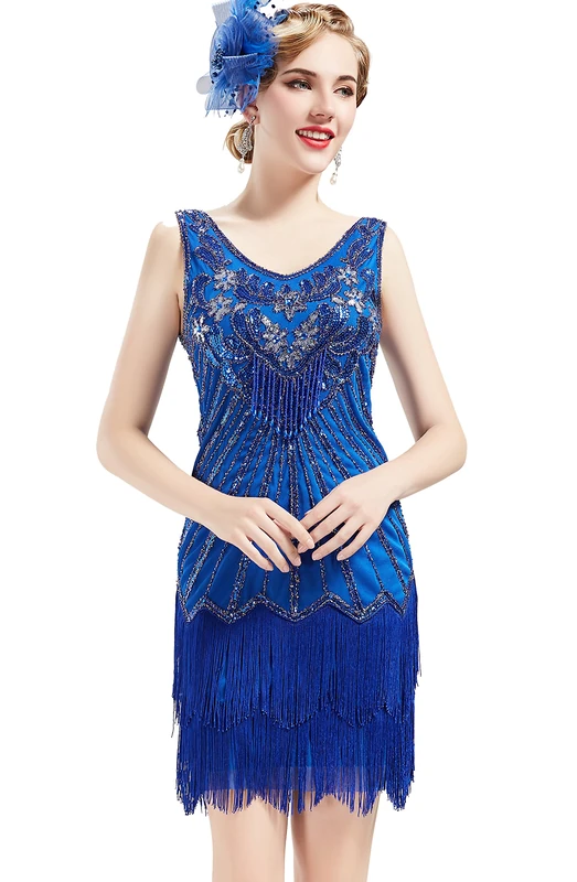 BABEYOND Women's Flapper Dresses 1920s V Neck Beaded Fringed Great Gatsby Dress (S, Blue)