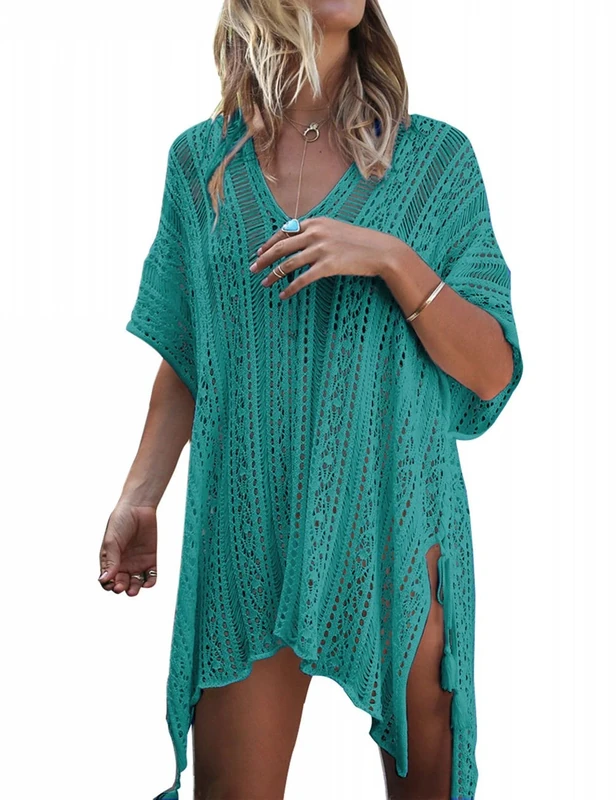 Beskie Bathing Suit Cover Up Bikini Swimsuit Crochet Beachwear Swimwear Dress, Lake Green, One Size