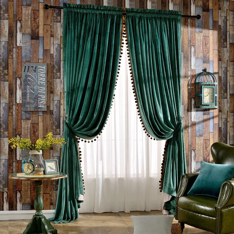 Melodieux Set of 2 Pom Pom Velvet Thermal Insulated Rod Pocket Curtains for Bedroom, 52x96 Inch, Antique Green (1 Pair)