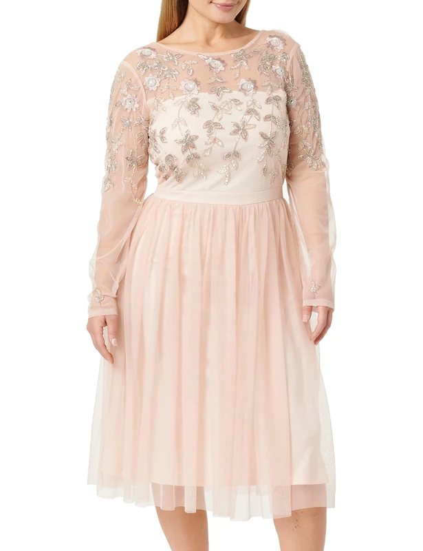 Frock and Frill Women's Embroidered Maxi with Sequinned Bodice. Party Dress, Beige (Nude F5F5DC), 14