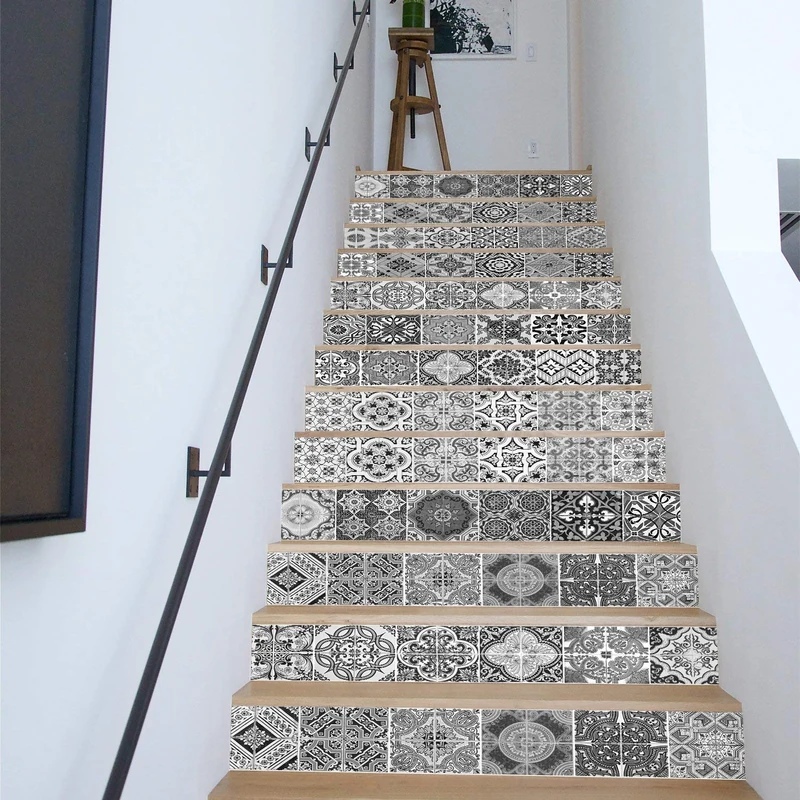 WALPLUS WFS045-Black and White Vintage Tiles Stairs Stickers,100CMX18CMX0.02CM…, Mixed